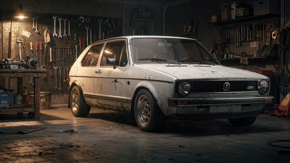 Classic Volkswagen Golf GTI Resting in a Gritty Garage Workshop wallpaper