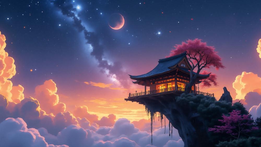 Moonlit Pagoda Above the Dusk Clouds in Anime Fantasy Style wallpaper