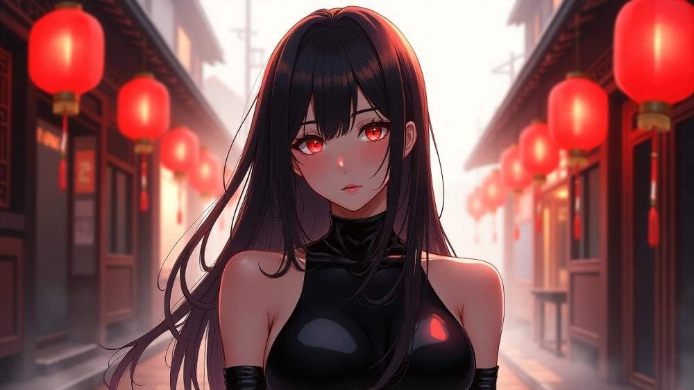 Crimson Gaze Under Lantern Light in a Quiet Anime Alley wallpaper