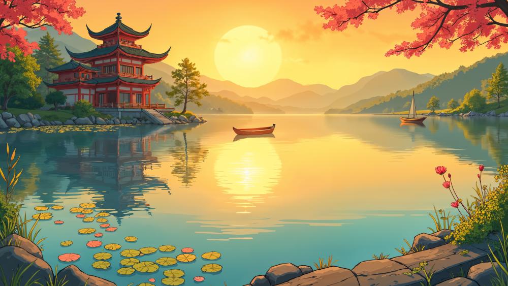 Golden Sunset Over Tranquil Lake and Pagoda in Anime Style wallpaper