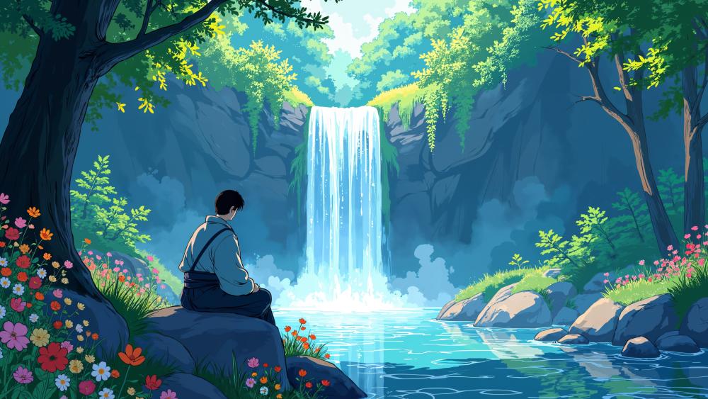 Meditation by the Hidden Waterfall in a Lush Anime Forest wallpaper