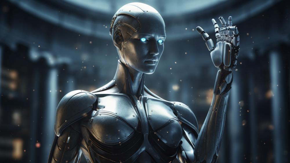 Luminous Cybernetic Guardian in a Futuristic Workshop wallpaper