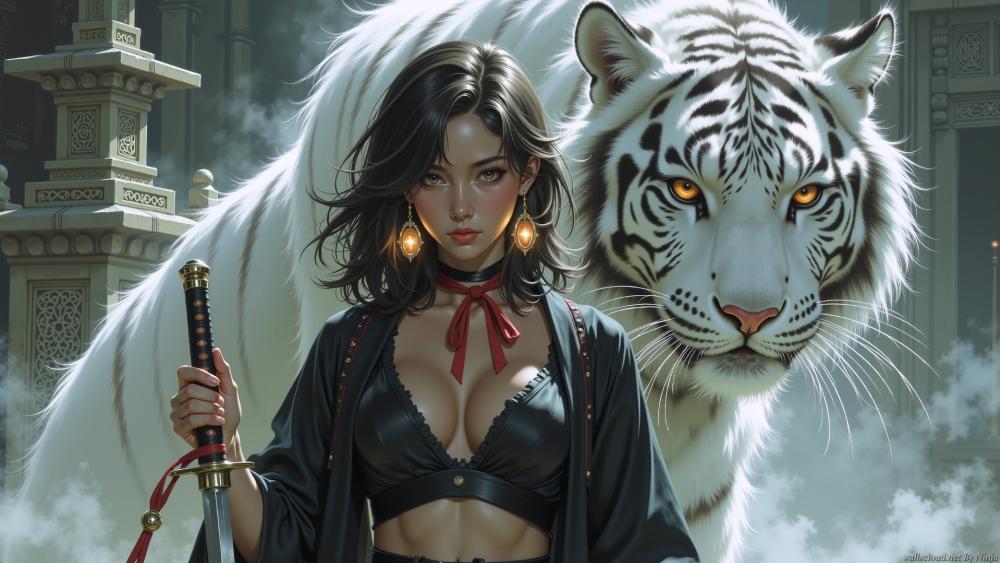 Moonlit Guardian and the White Tiger Sentinel wallpaper