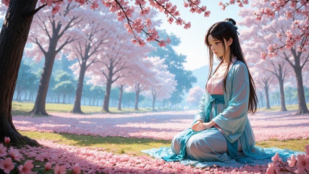Serene Spring Kimono Girl Beneath Cherry Blossom Canopy wallpaper