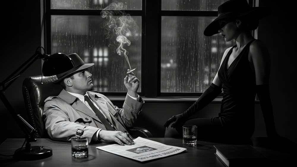 Rainy Night Noir Romance in Monochrome Shadows wallpaper
