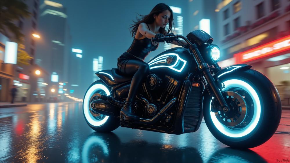 Neon Rim Street Racer in a Rainy Futuristic City Night wallpaper