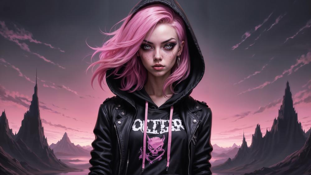 Pink Haired Gothic Punk Girl in a Dark Fantasy Realm wallpaper