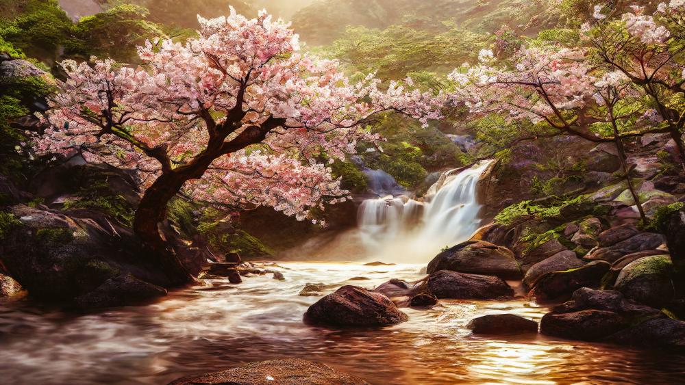 Sakura Spring Creek Beneath Blossoms and Cascading Waterfall wallpaper