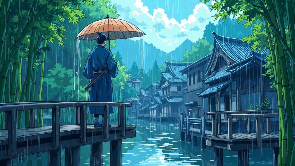 Rainlit Samurai in a Tranquil Anime Village Canal wallpaper
