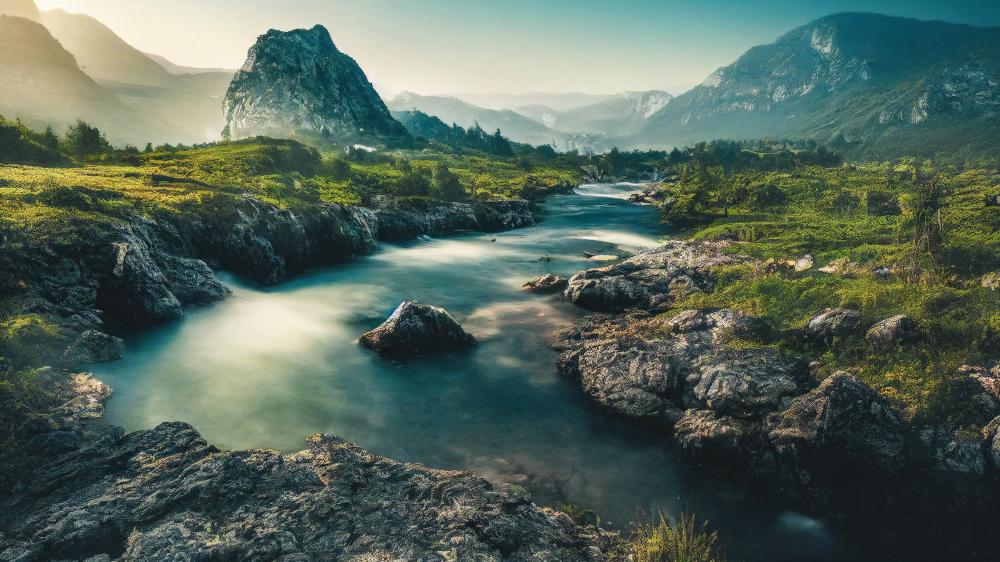 Emerald Highland River Winding Through Rocky Summits in Soft Morning Light wallpaper