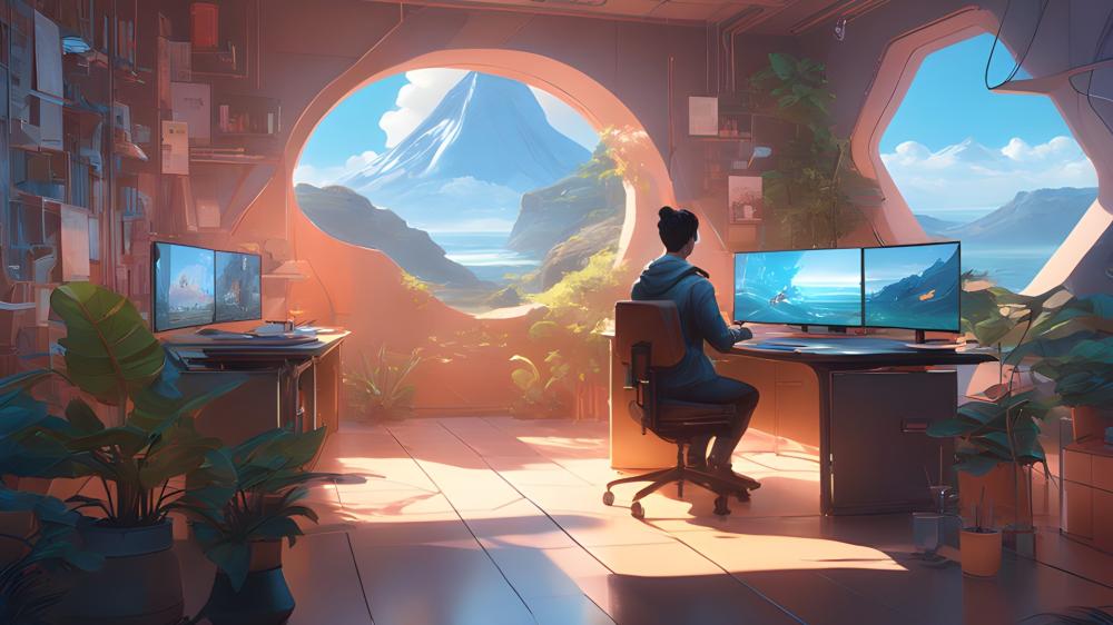 Futuristic Anime Office With Mountain View Through a Giant Window wallpaper