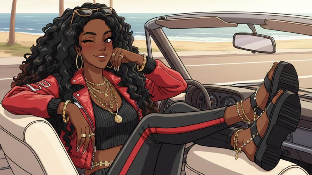 Coastal Cruise Queen With Bold Afro Style Anime Vibes wallpaper
