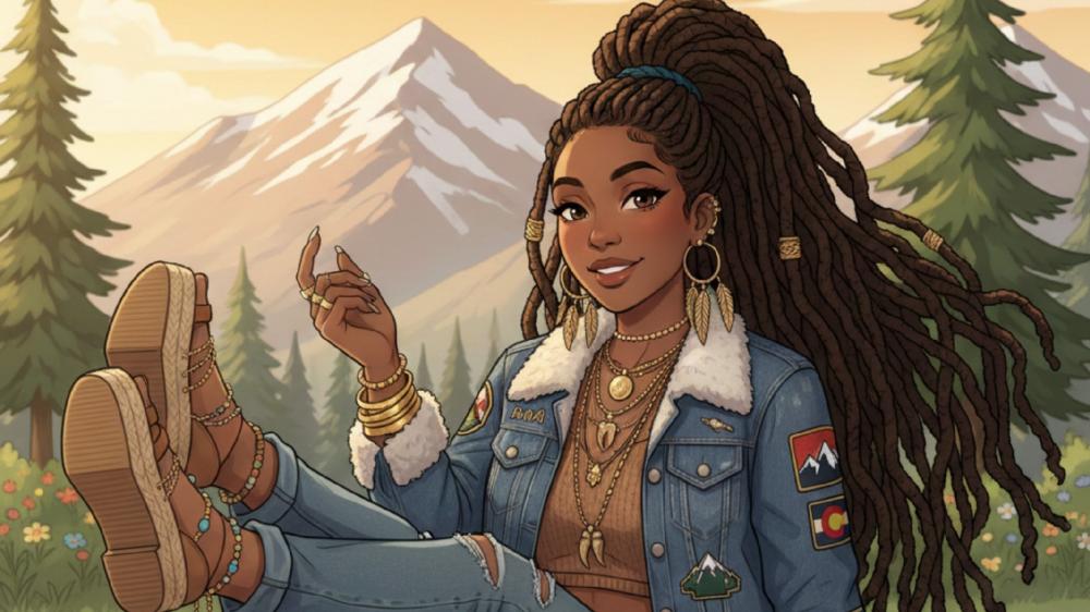 Mountain Sunset Daydream with Stylish Afro Girl Anime Art wallpaper