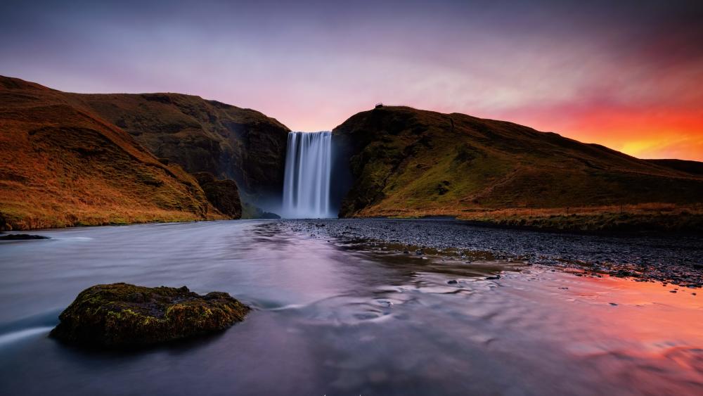Twilight Serenity at Skógafoss Waterfall in Iceland 5K Wallpaper wallpaper