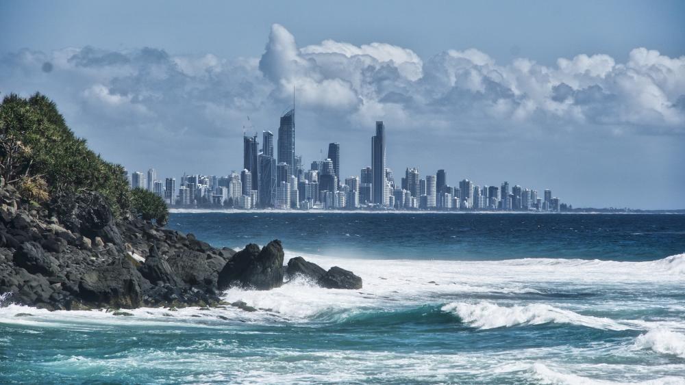 Surfers Paradise Skyline Beyond Rolling Gold Coast Breakers wallpaper