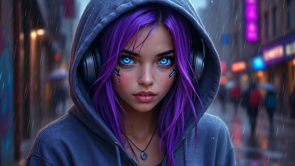 Neon Rain Lofi Dreamer with Purple Hair and Electric Blue Eyes wallpaper