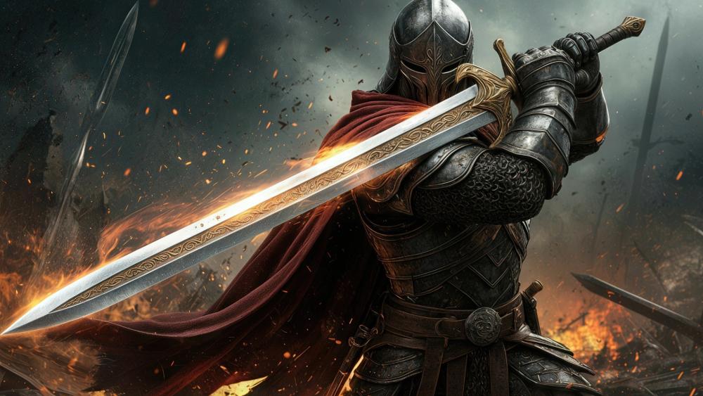 Emberforged Knight Raising a Sword Amid the Storm of War wallpaper