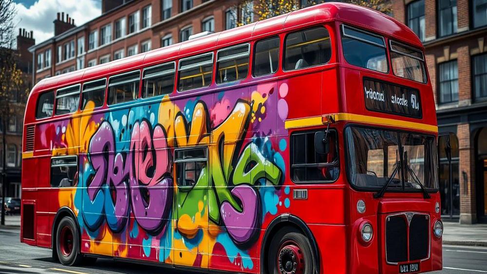 Graffiti Dreams on a Classic London Double Decker Bus 4K Wallpaper wallpaper