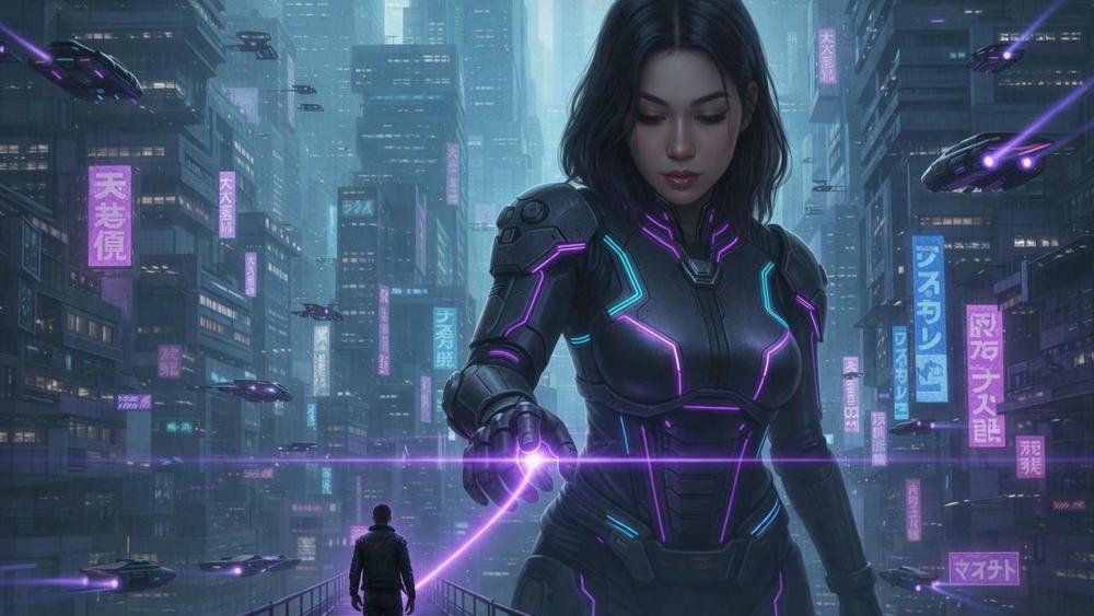 Neon Titan Heroine Over Cyberpunk Cityscape in 4K wallpaper
