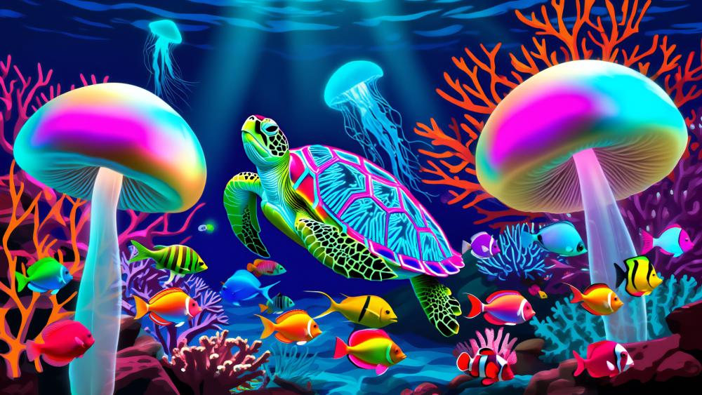 Neon Sea Turtle Drifting Through Bioluminescent Reef Fantasy wallpaper