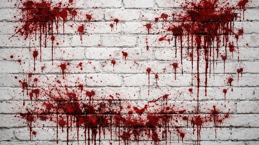 Crimson Splatter Smiley Graffiti on White Brickwork Abstract Wallpaper wallpaper