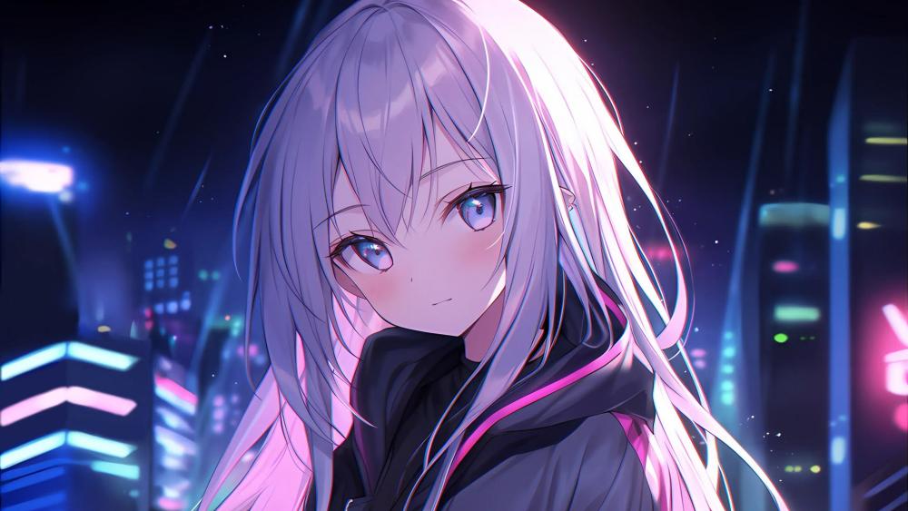 Neon Night Kawaii Anime Girl with Silvery Grey Hair Glow wallpaper