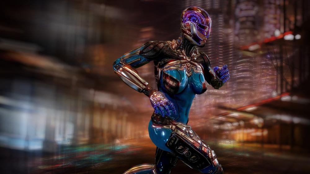Neon Velocity Female Cyborg Sprint Through Futuristic Streets wallpaper
