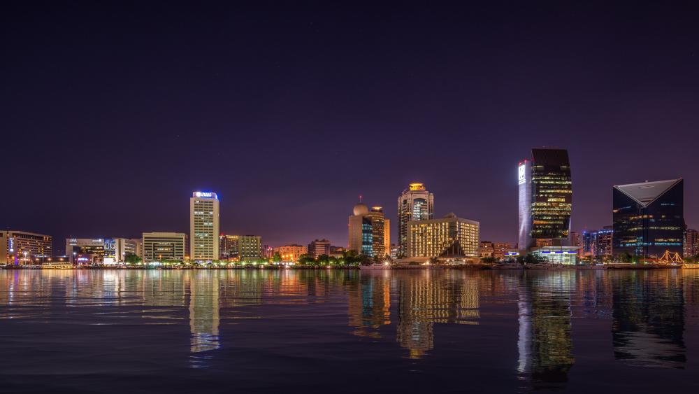 Dubai Creek Night Skyline Reflections in 5K wallpaper