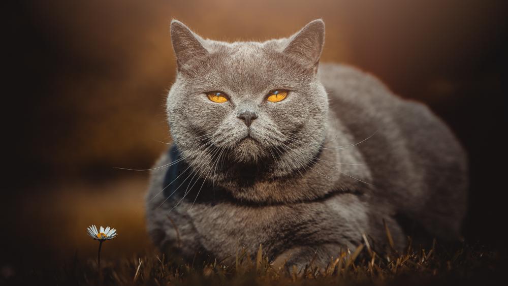 Amber Eyed Grey British Shorthair Close Up in Soft Autumn Light wallpaper