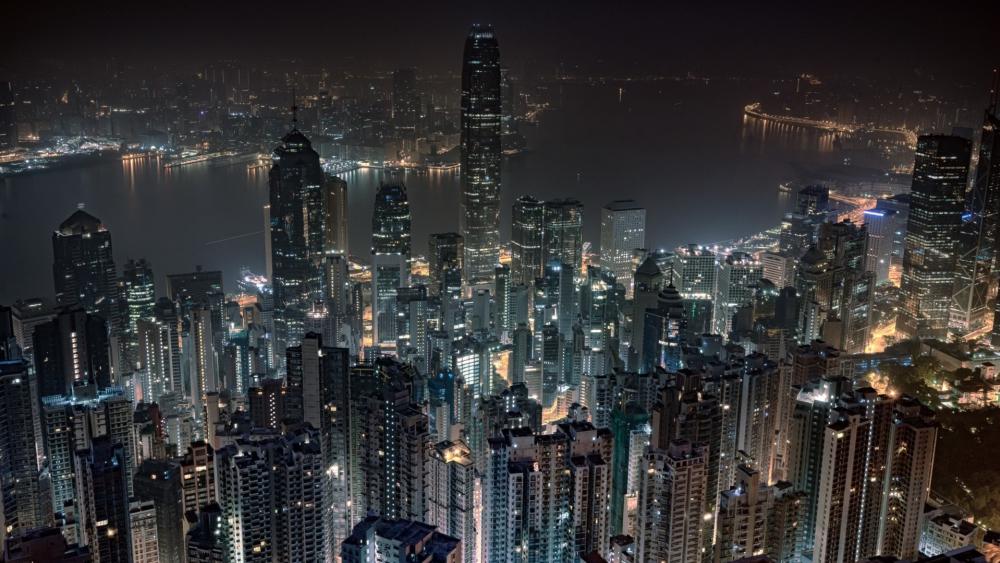 Monochrome Hong Kong Skyline from Victoria Peak Over Victoria Harbour at Night wallpaper
