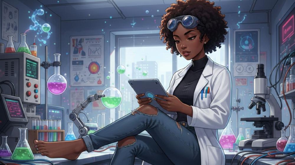 Checking her tab for a new virus that she must make cure for. wallpaper