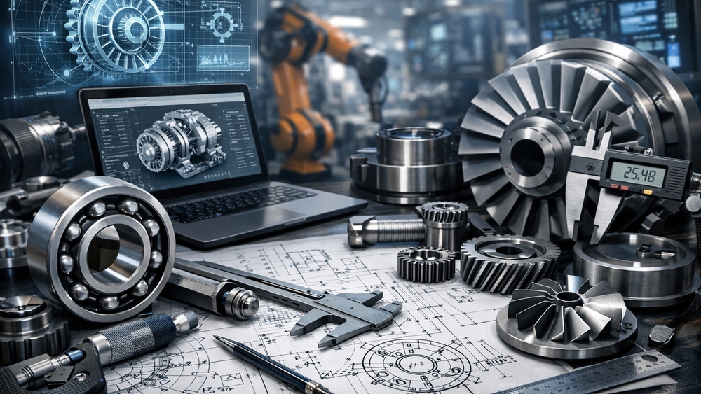 Precision Engineering Workspace with Gears Bearings and Digital Design Tools wallpaper