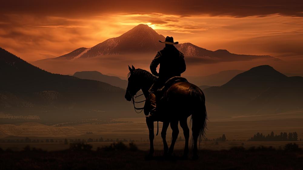 Sunset Sentinel Cowboy on Horseback Above Dreamlike Western Valley wallpaper