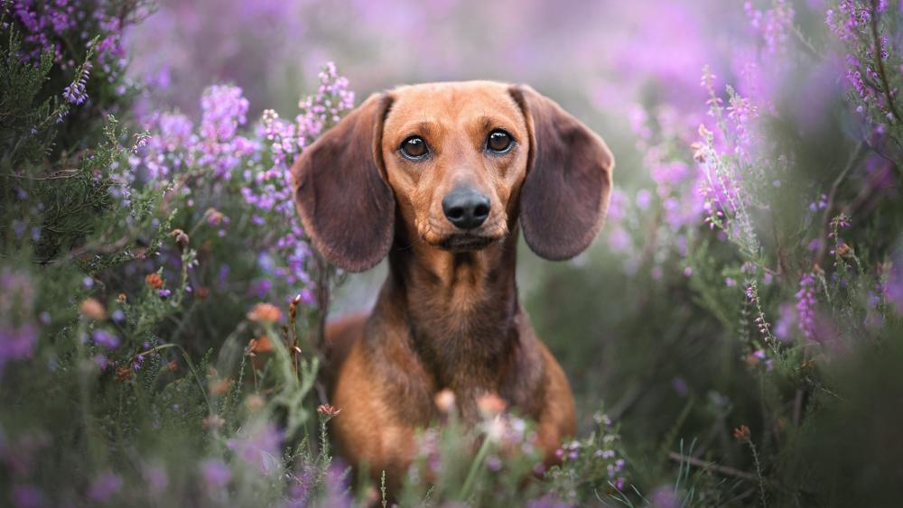 Dachshund Serenity in a Lavender Flower Field wallpaper