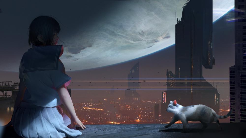 Silent Rooftop Vigil in a Futuristic Anime Night City wallpaper