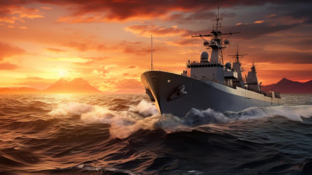 Steel Vanguard Cutting Through Sunset Seas in 5K Naval Glory wallpaper