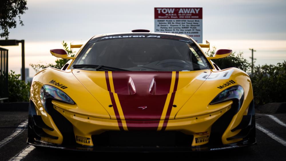 McLaren P1 Front View in Bold Yellow and Red Racing Livery wallpaper