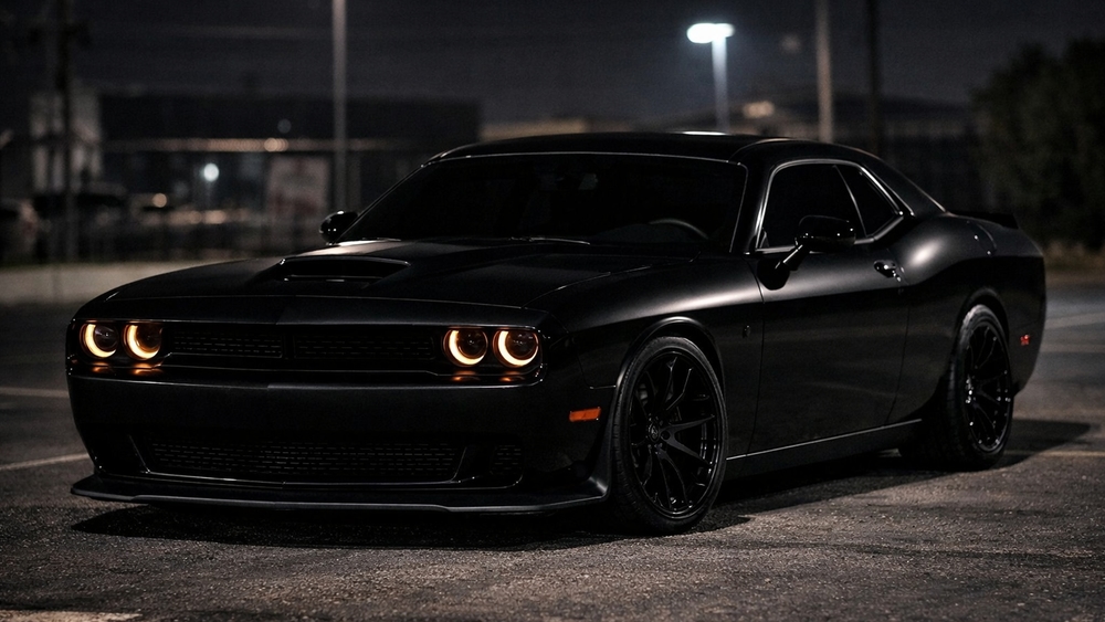 Midnight Dodge Challenger Muscle Car With Glowing Halo Headlights wallpaper