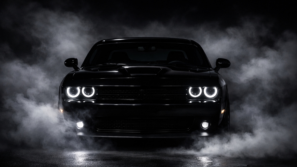 Midnight Dodge Challenger Emerging Through Smoke and Bright Halo Headlights wallpaper