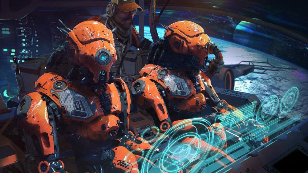 Orange Sentinel Robots Navigating Holographic Starship Controls wallpaper