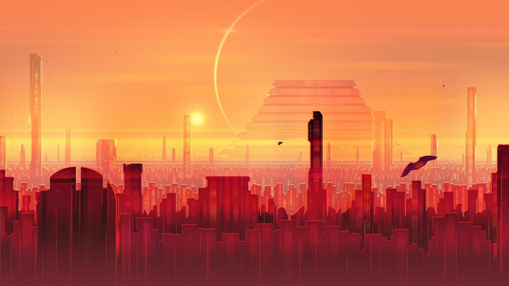 Crimson Sunset Over a Futuristic Fantasy Skyline wallpaper