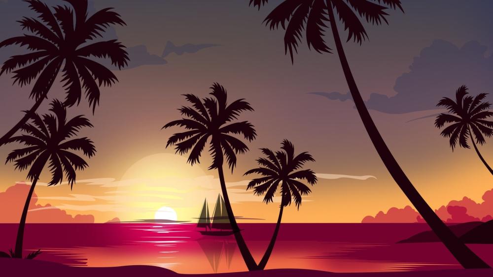 Retro Sunset Lagoon with Silhouette Palms and Sailing Dreams wallpaper