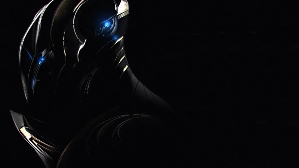 Shadowed Alien Sentinel with Luminous Eyes on Black wallpaper