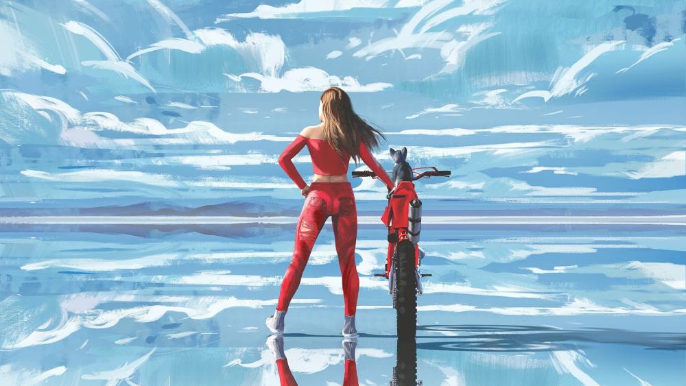 Crimson Rider Gazing Across the Sky Mirror wallpaper