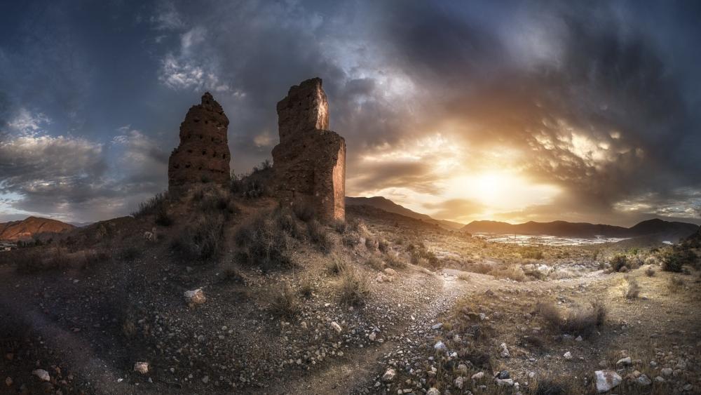 Sunset Over Castle Ruins of Alcalá la Vieja Spain wallpaper