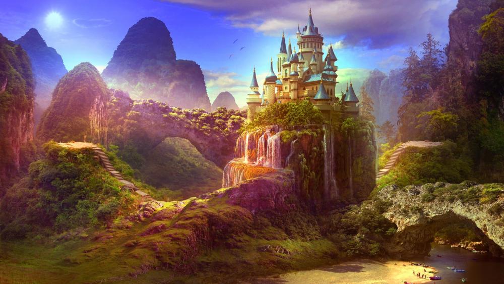 Enchanted Cliffside Castle Above Rainbow Falls in a Dream Valley wallpaper