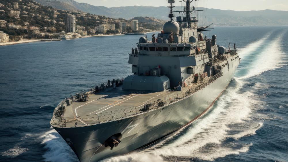 Modern Naval Warship Cutting Through Coastal Waters in Crisp 4K wallpaper