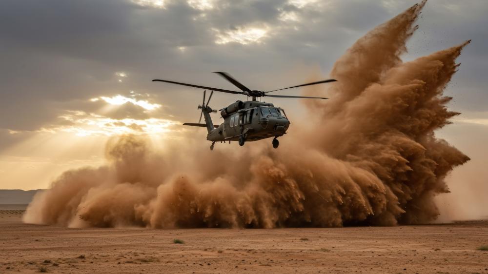 Desert Air Force Helicopter Kicking Up Massive Sandstorm at Sunset wallpaper