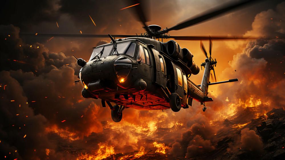 Air Force Helicopter Over Burning Battlefield in Cinematic 5K wallpaper