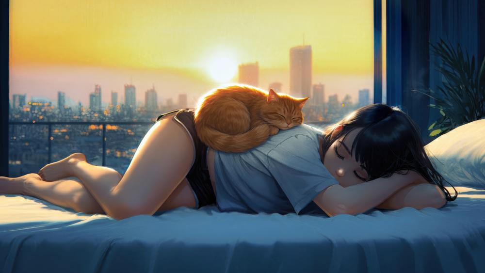 Sunset City Dreams in a Cozy Anime Bedroom wallpaper